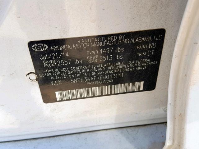 5NPE34AF7FH043141 - 2015 HYUNDAI SONATA SPO WHITE photo 10