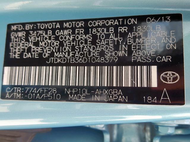 JTDKDTB36D1048379 - 2013 TOYOTA PRIUS C TEAL photo 10