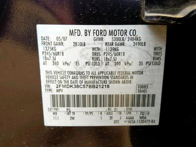 2FMDK38C57BB21218 - 2007 FORD EDGE SEL PURPLE photo 10