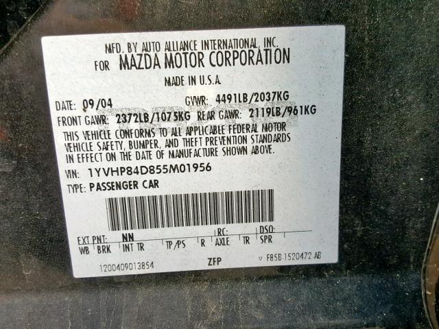 1YVHP84D855M01956 - 2005 MAZDA 6 S BLACK photo 10