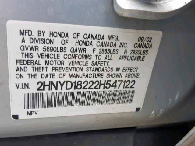 2HNYD18222H547122 - 2002 ACURA MDX SILVER photo 10