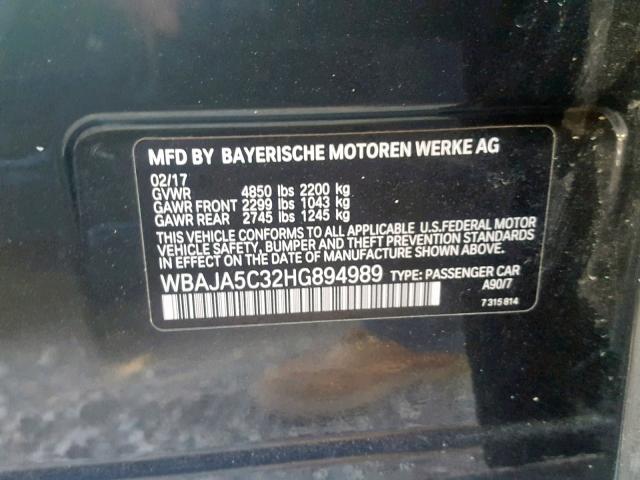 WBAJA5C32HG894989 - 2017 BMW 530 I GRAY photo 10