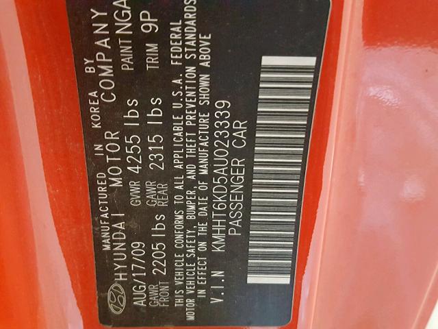 KMHHT6KD5AU023339 - 2010 HYUNDAI GENESIS CO RED photo 10