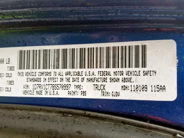 1D7RV1CT7BS570997 - 2011 DODGE RAM 1500 BLUE photo 10