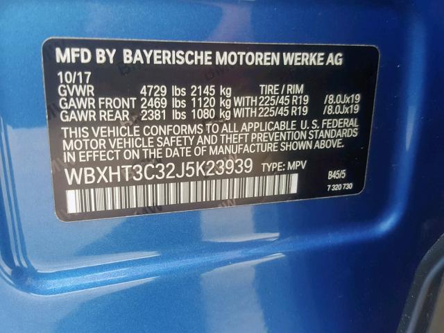 WBXHT3C32J5K23939 - 2018 BMW X1 XDRIVE2 BLUE photo 10