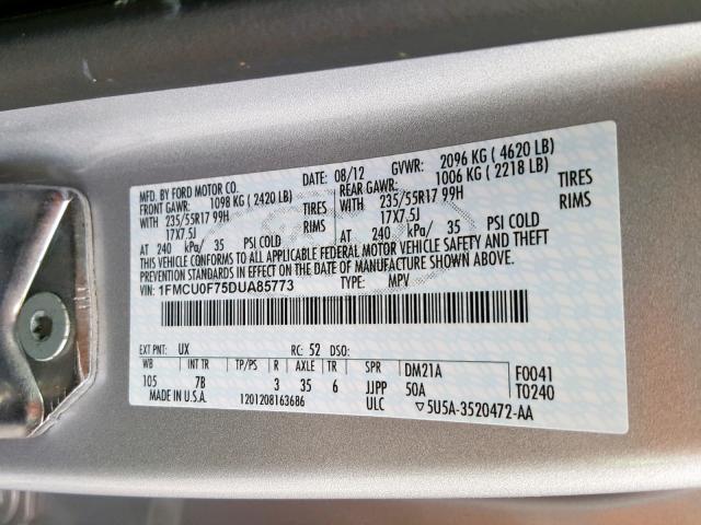 1FMCU0F75DUA85773 - 2013 FORD ESCAPE S SILVER photo 10