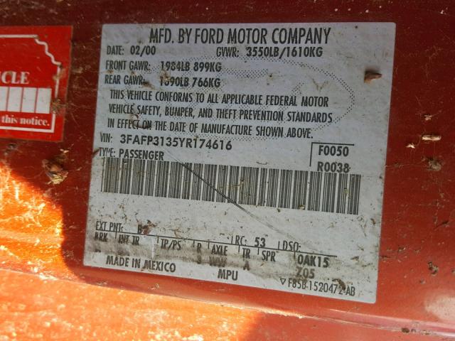 3FAFP3135YR174616 - 2000 FORD FOCUS ZX3 ORANGE photo 10