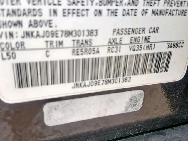 JNKAJ09E78M301383 - 2008 INFINITI EX35 BASE BLACK photo 10