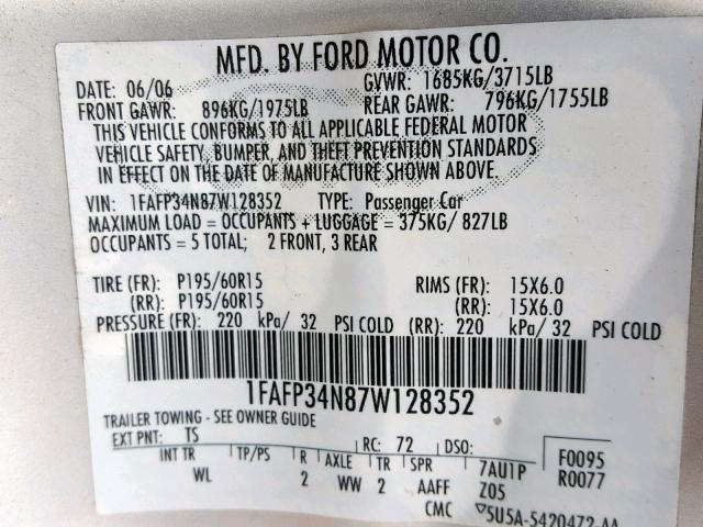 1FAFP34N87W128352 - 2007 FORD FOCUS ZX4 SILVER photo 10