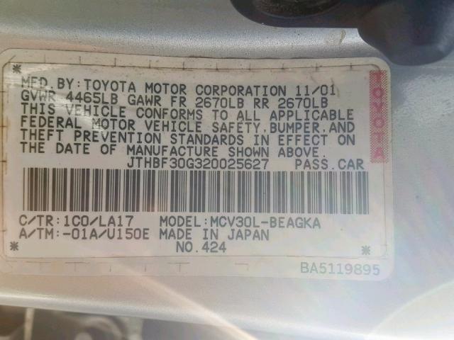 JTHBF30G320025627 - 2002 LEXUS ES 300 SILVER photo 10