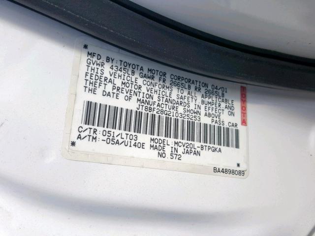 JT8BF28G210325253 - 2001 LEXUS ES 300 WHITE photo 10