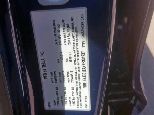 5YJ3E1EAXKF331937 - 2019 TESLA MODEL 3 BLUE photo 10