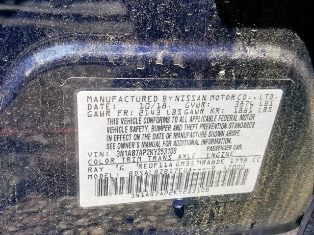 3N1AB7AP2KY253108 - 2019 NISSAN SENTRA S BLUE photo 10