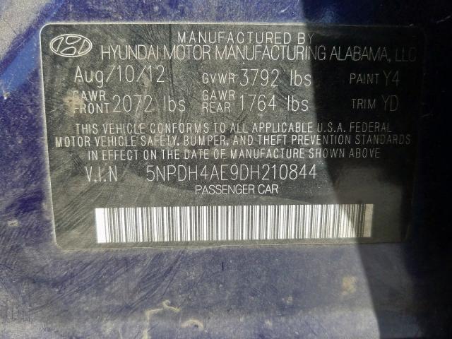 5NPDH4AE9DH210844 - 2013 HYUNDAI ELANTRA GLS  photo 10