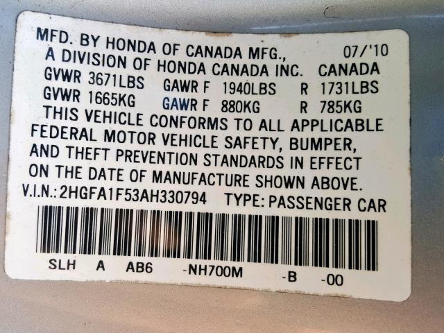 2HGFA1F53AH330794 - 2010 HONDA CIVIC LX SILVER photo 10