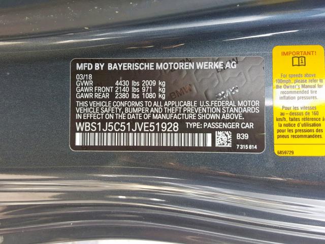 WBS1J5C51JVE51928 - 2018 BMW M2 GRAY photo 10