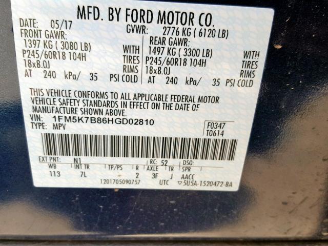 1FM5K7B86HGD02810 - 2017 FORD EXPLORER BLUE photo 10