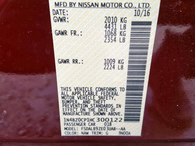 1N4BZ0CP1HC300122 - 2017 NISSAN LEAF S RED photo 10