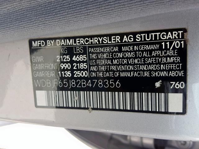 WDBJF65J82B478356 - 2002 MERCEDES-BENZ E 320 SILVER photo 10