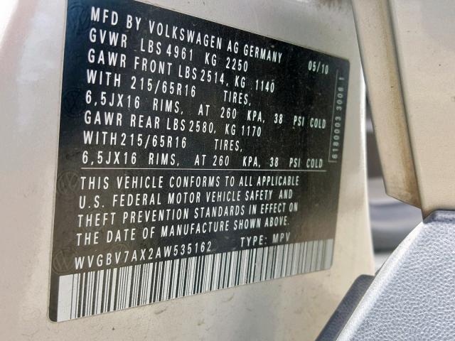 WVGBV7AX2AW535162 - 2010 VOLKSWAGEN TIGUAN SE GRAY photo 10