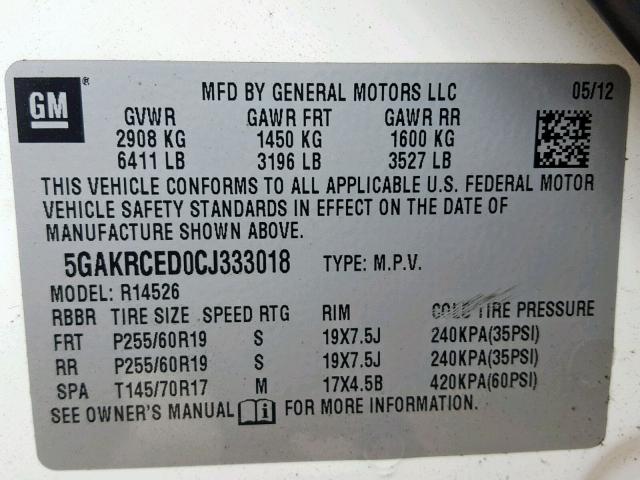 5GAKRCED0CJ333018 - 2012 BUICK ENCLAVE WHITE photo 10