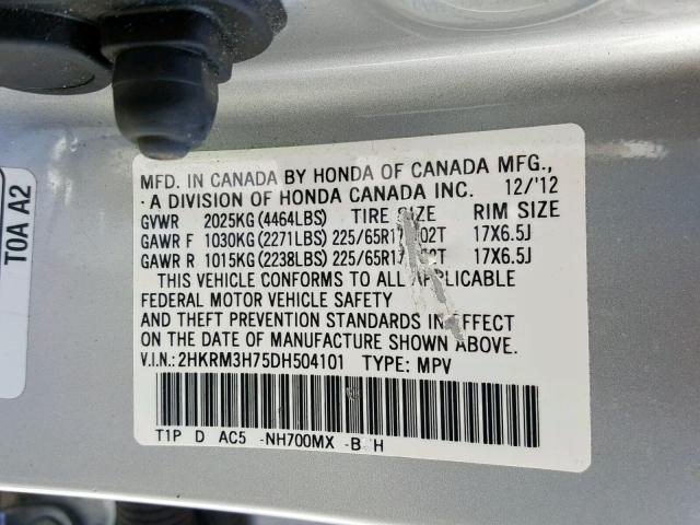 2HKRM3H75DH504101 - 2013 HONDA CR-V EXL SILVER photo 10