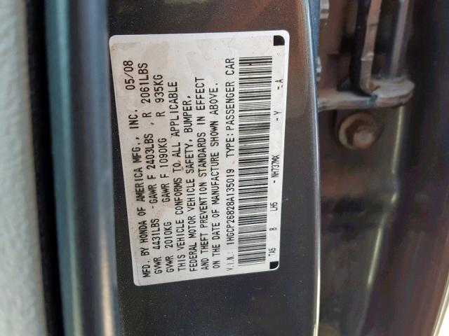 1HGCP26828A135019 - 2008 HONDA ACCORD EXL GRAY photo 10