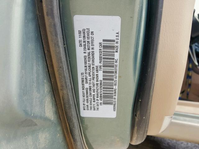 4S3BH675137628943 - 2003 SUBARU LEGACY OUT GREEN photo 10