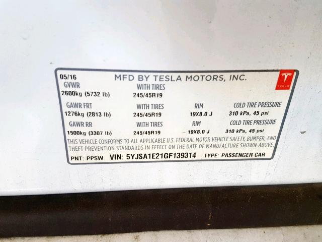 5YJSA1E21GF139314 - 2016 TESLA MODEL S WHITE photo 10