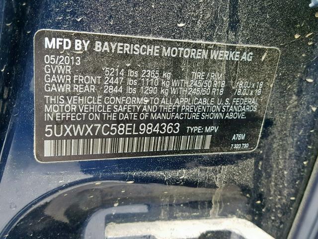 5UXWX7C58EL98436 - 2014 BMW X3 XDRIVE3 BLUE photo 10