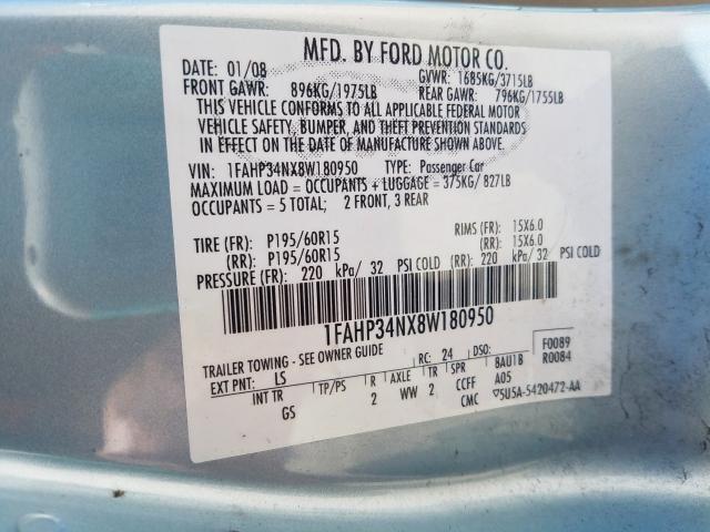 1FAHP34NX8W180950 - 2008 FORD FOCUS S/SE  photo 10