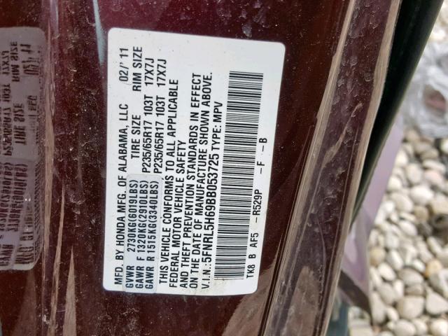 5FNRL5H69BB053725 - 2011 HONDA ODYSSEY EX BURGUNDY photo 10