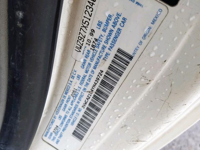 3VWCA21C4YM439724 - 2000 VOLKSWAGEN NEW BEETLE თეთრი ფოტო 10