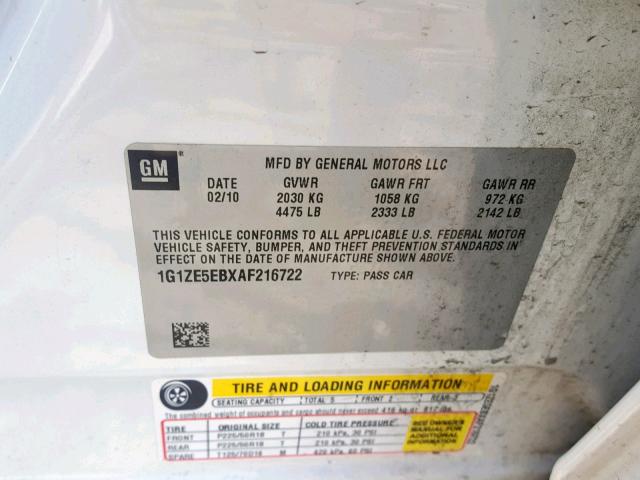 1G1ZE5EBXAF216722 - 2010 CHEVROLET MALIBU LTZ თეთრი ფოტო 10