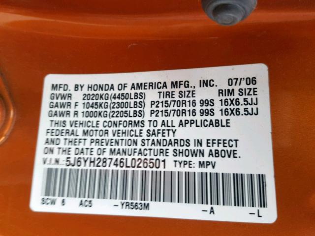 5J6YH28746L026501 - 2006 HONDA ELEMENT EX ORANGE photo 10