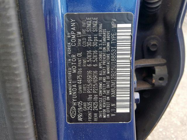 KM8JM12B25U188531 - 2005 HYUNDAI TUCSON GL BLUE photo 10