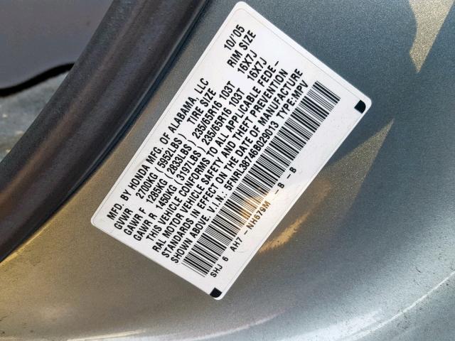 5FNRL38746B029013 - 2006 HONDA ODYSSEY EX BLUE photo 10