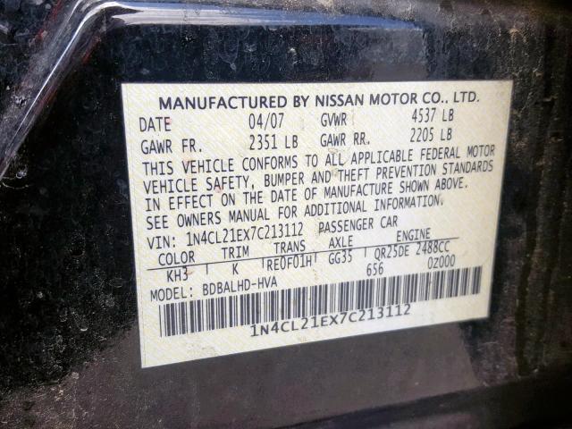 1N4CL21EX7C213112 - 2007 NISSAN ALTIMA HYB BLACK photo 10