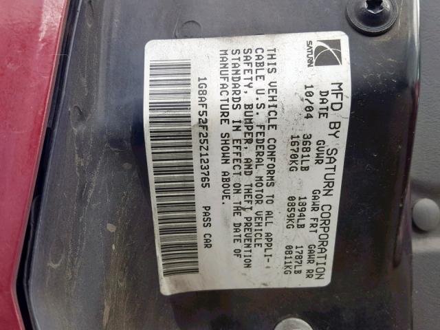1G8AF52F25Z123765 - 2005 SATURN ION LEVEL BURGUNDY photo 10