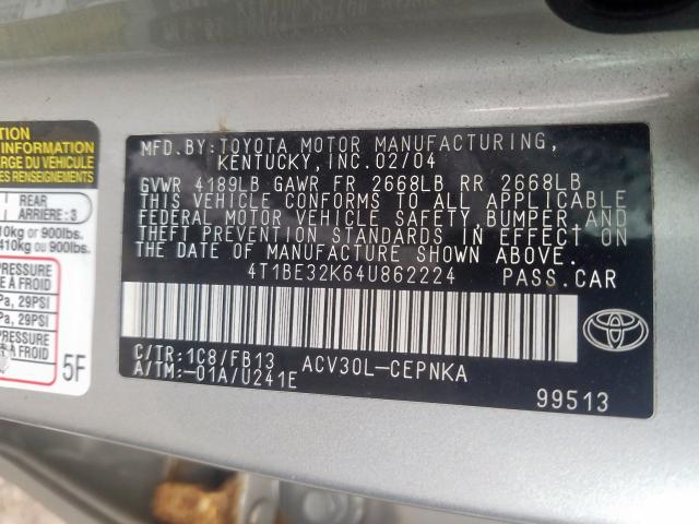 4T1BE32K64U862224 - 2004 TOYOTA CAMRY LE  photo 10