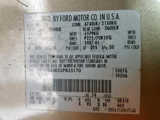 1FTYR44E53PB35170 - 2003 FORD RANGER SUP BROWN photo 10