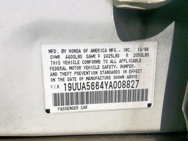 19UUA5664YA008827 - 2000 ACURA 3.2TL WHITE photo 10