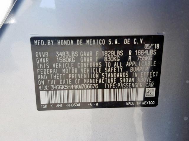 3HGGK5H44KM706676 - 2019 HONDA FIT LX GRAY photo 10