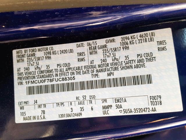 1FMCU0F78FUC88305 - 2015 FORD ESCAPE S BLUE photo 10