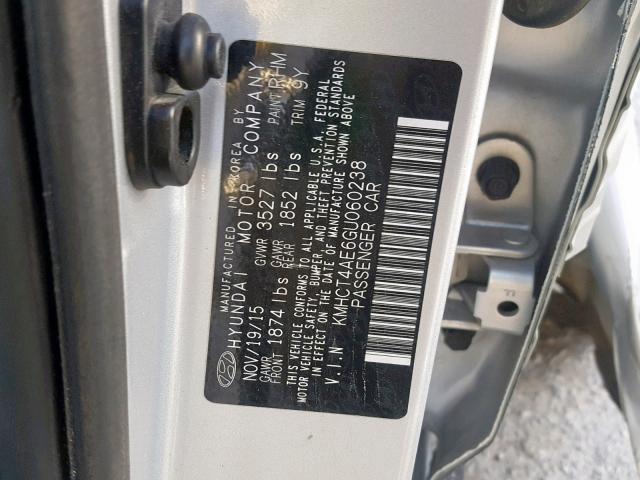 KMHCT4AE6GU060238 - 2016 HYUNDAI ACCENT SE GRAY photo 10