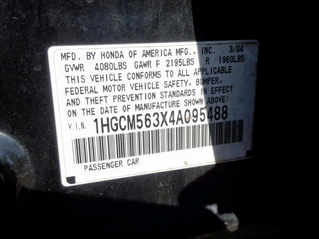 1HGCM563X4A095488 - 2004 HONDA ACCORD LX BLACK photo 10