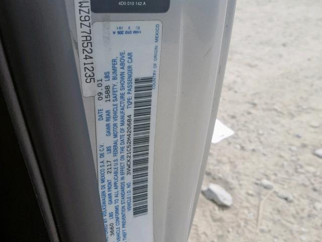 3VWCK21C52M420684 - 2002 VOLKSWAGEN NEW BEETLE ვერცხლისფერი ფოტო 10