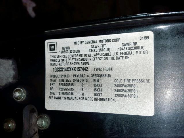 1GCCS14XXXK157442 - 1999 CHEVROLET S TRUCK S1 BLACK photo 10