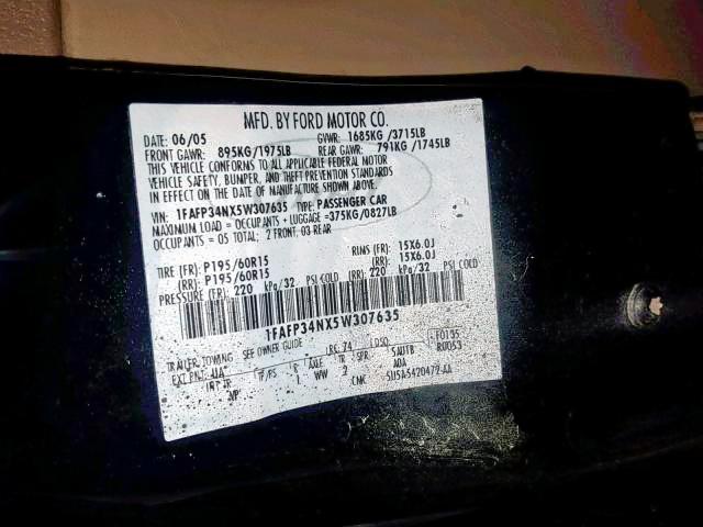 1FAFP34NX5W307635 - 2005 FORD FOCUS ZX4 BLACK photo 10