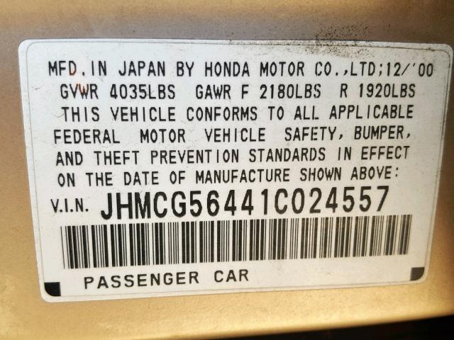 JHMCG56441C024557 - 2001 HONDA ACCORD LX GOLD photo 10